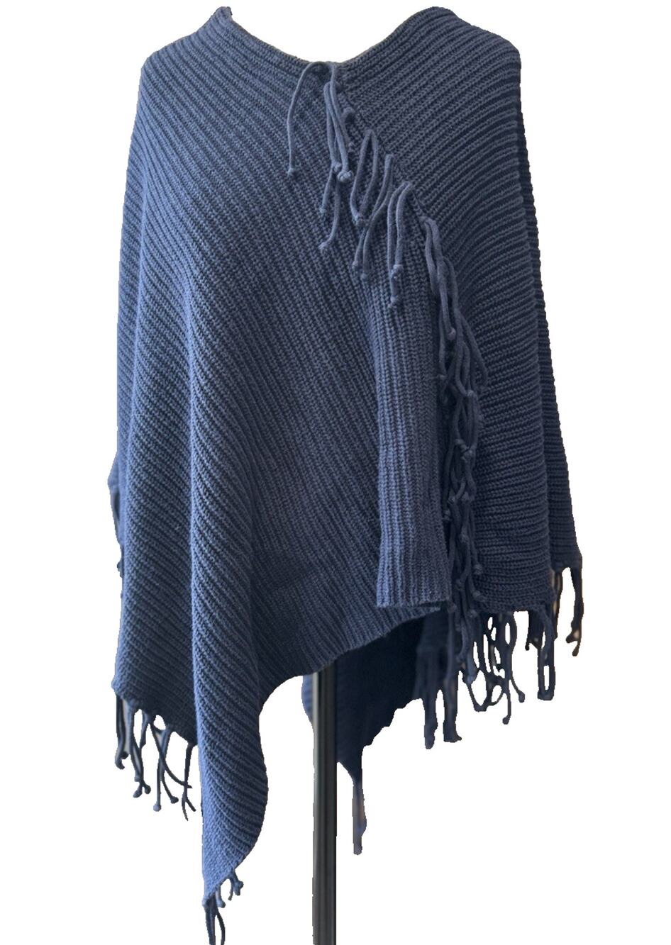 Chico's Blue Knit Poncho Fringe Hem Asymmetrical Pullover One Size Cotton Blend